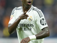 Vinicius Junior left winger of Real Madrid and Brazil third goal during the La Liga match between Real Madrid CF and CA Osasuna at Estadio S...