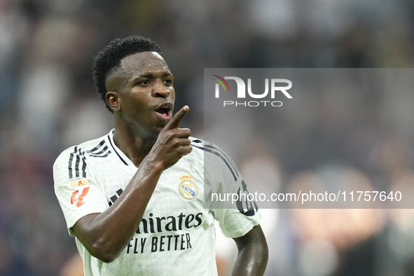 Vinicius Junior left winger of Real Madrid and Brazil third goal during the La Liga match between Real Madrid CF and CA Osasuna at Estadio S...