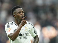 Vinicius Junior left winger of Real Madrid and Brazil third goal during the La Liga match between Real Madrid CF and CA Osasuna at Estadio S...