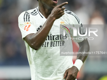 Vinicius Junior left winger of Real Madrid and Brazil third goal during the La Liga match between Real Madrid CF and CA Osasuna at Estadio S...