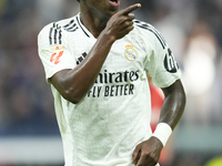 Vinicius Junior left winger of Real Madrid and Brazil third goal during the La Liga match between Real Madrid CF and CA Osasuna at Estadio S...