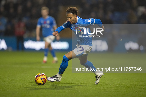 Odin Bailey, number 27 of Stockport County F.C., is in action during the Sky Bet League 1 match between Stockport County and Bolton Wanderer...