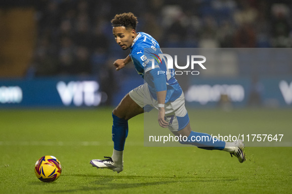 Odin Bailey, number 27 of Stockport County F.C., is in action during the Sky Bet League 1 match between Stockport County and Bolton Wanderer...