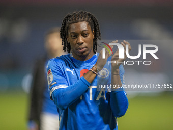 Tayo Adaramola #33 of Stockport County F.C. applauds at full time during the Sky Bet League 1 match between Stockport County and Bolton Wand...