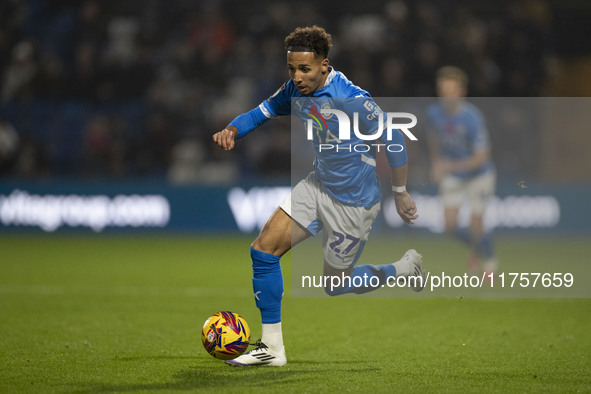 Odin Bailey, number 27 of Stockport County F.C., is in action during the Sky Bet League 1 match between Stockport County and Bolton Wanderer...