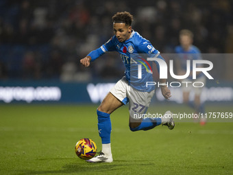 Odin Bailey, number 27 of Stockport County F.C., is in action during the Sky Bet League 1 match between Stockport County and Bolton Wanderer...