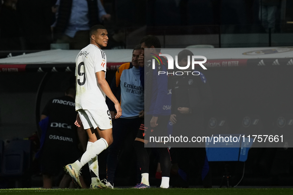 Kylian Mbappe centre-forward of Real Madrid and France after the La Liga match between Real Madrid CF and CA Osasuna at Estadio Santiago Ber...