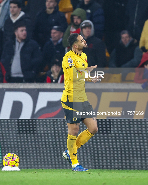 Matheus Cunha of Wolves thanks the fans as he is substituted during the Premier League match between Wolverhampton Wanderers and Southampton...