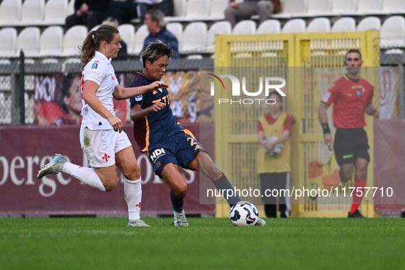 Emma Skou Faerge of A.C.F. Fiorentina and Moeka Minami of A.S. Roma Femminile compete during the 9th day of the Serie A Femminile eBay Champ...