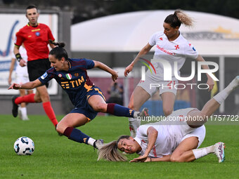 Evelyne Viens of A.S. Roma Femminile, Emma Severini of A.C.F Fiorentina, and Marina Georgieva of A.C.F Fiorentina are in action during the 9...