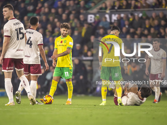 Borja Sainz of Norwich City checks on Yu Hirakawa of Bristol City after a tackle during the Sky Bet Championship match between Norwich City...