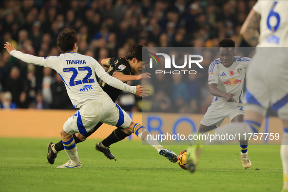 Koki Saito (QPR) is fouled by Ao Tanaka (Leeds United) during the Sky Bet Championship match between Leeds United and Queens Park Rangers at...