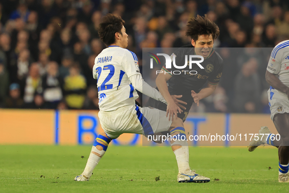 Koki Saito (QPR) is fouled by Ao Tanaka (Leeds United) during the Sky Bet Championship match between Leeds United and Queens Park Rangers at...