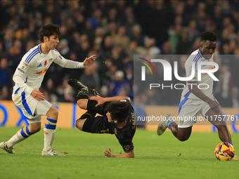 Koki Saito (QPR) is fouled by Ao Tanaka (Leeds United) during the Sky Bet Championship match between Leeds United and Queens Park Rangers at...