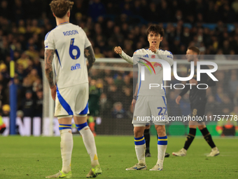 Ao Tanaka of Leeds United talks to Joe Rodon of Leeds United during the Sky Bet Championship match between Leeds United and Queens Park Rang...