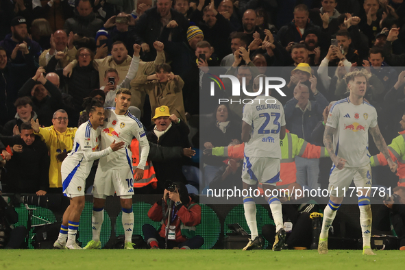 Joel Piroe (Leeds United) scores his team's second goal during the Sky Bet Championship match between Leeds United and Queens Park Rangers a...