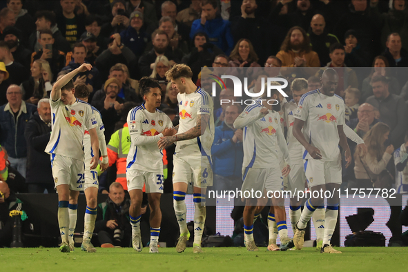 Joel Piroe (Leeds United) scores his team's second goal during the Sky Bet Championship match between Leeds United and Queens Park Rangers a...