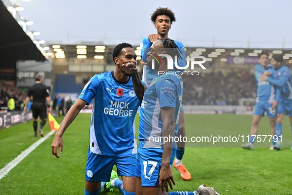 Ricky Jade Jones (17 Peterborough United) celebrates after scoring the team's first goal, making it 1-0, during the Sky Bet League 1 match b...