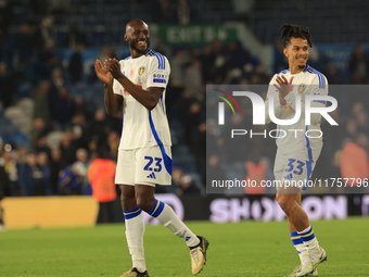 Josuha Guilavogui (Leeds United) and Isaac Schmidt (Leeds United) smile after the Sky Bet Championship match between Leeds United and Queens...