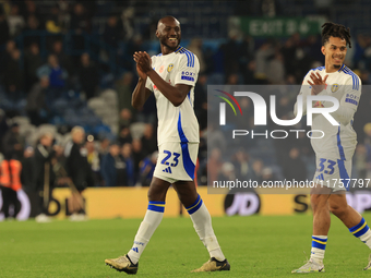 Josuha Guilavogui (Leeds United) and Isaac Schmidt (Leeds United) smile after the Sky Bet Championship match between Leeds United and Queens...