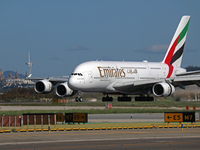 An Airbus A380-861 from Emirates lands at Barcelona airport in Barcelona, Spain, on October 8, 2024. (