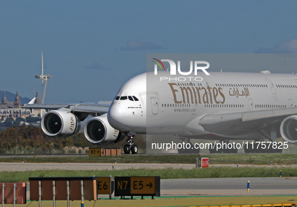 An Airbus A380-861 from Emirates lands at Barcelona airport in Barcelona, Spain, on October 8, 2024. 