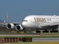 An Airbus A380-861 from Emirates lands at Barcelona airport in Barcelona, Spain, on October 8, 2024. (