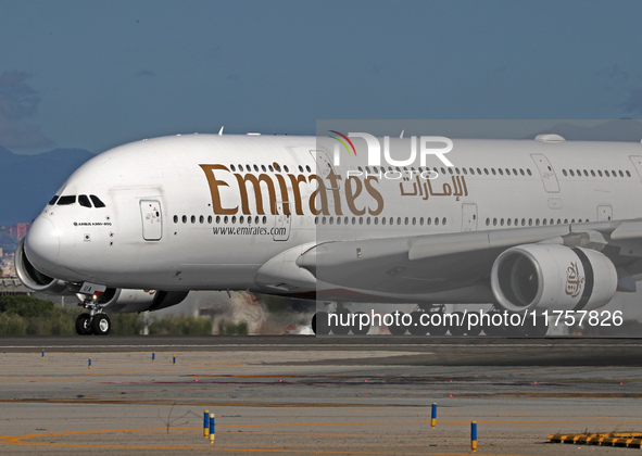 An Airbus A380-861 from Emirates lands at Barcelona airport in Barcelona, Spain, on October 8, 2024. 