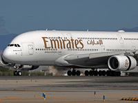 An Airbus A380-861 from Emirates lands at Barcelona airport in Barcelona, Spain, on October 8, 2024. (