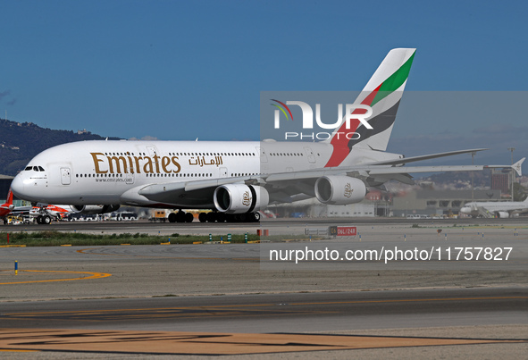 An Airbus A380-861 from Emirates lands at Barcelona airport in Barcelona, Spain, on October 8, 2024. 