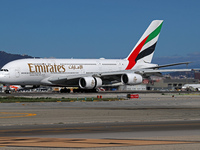 An Airbus A380-861 from Emirates lands at Barcelona airport in Barcelona, Spain, on October 8, 2024. (