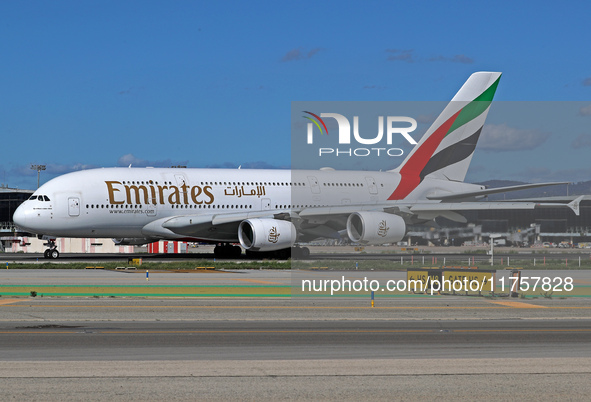 An Airbus A380-861 from Emirates lands at Barcelona airport in Barcelona, Spain, on October 8, 2024. 