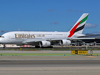 An Airbus A380-861 from Emirates lands at Barcelona airport in Barcelona, Spain, on October 8, 2024. (