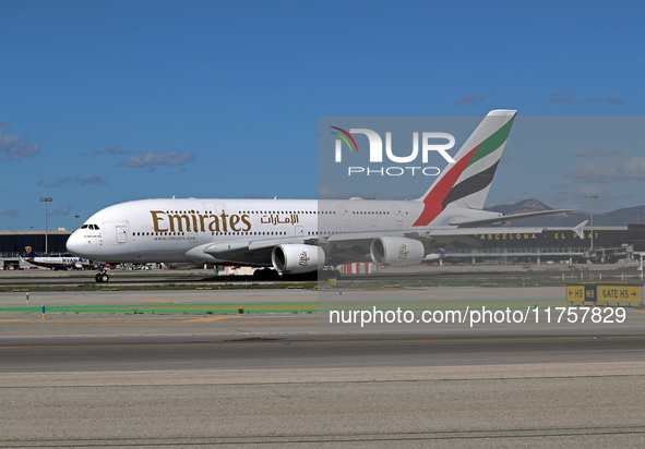 An Airbus A380-861 from Emirates lands at Barcelona airport in Barcelona, Spain, on October 8, 2024. 