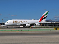 An Airbus A380-861 from Emirates lands at Barcelona airport in Barcelona, Spain, on October 8, 2024. (