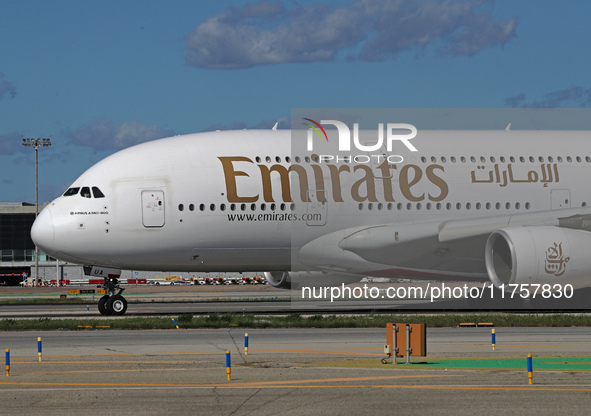 An Airbus A380-861 from Emirates lands at Barcelona airport in Barcelona, Spain, on October 8, 2024. 