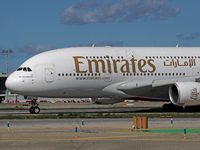 An Airbus A380-861 from Emirates lands at Barcelona airport in Barcelona, Spain, on October 8, 2024. (