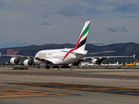 An Airbus A380-861 from Emirates lands at Barcelona airport in Barcelona, Spain, on October 8, 2024. (