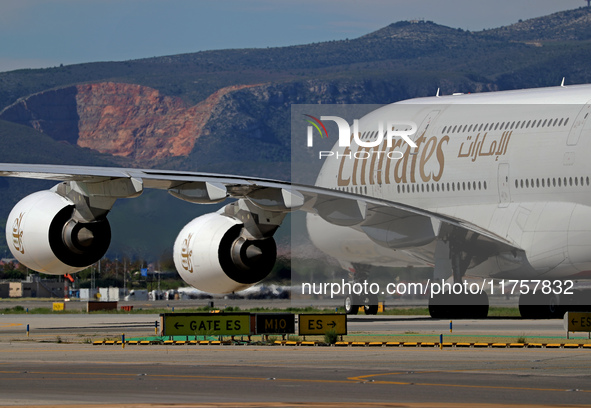 An Airbus A380-861 from Emirates lands at Barcelona airport in Barcelona, Spain, on October 8, 2024. 