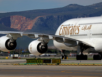 An Airbus A380-861 from Emirates lands at Barcelona airport in Barcelona, Spain, on October 8, 2024. (