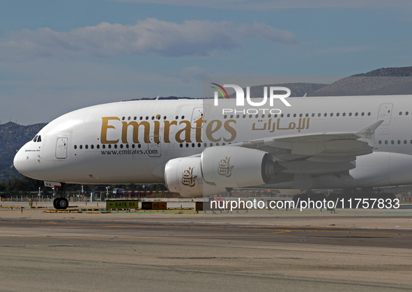 An Airbus A380-861 from Emirates lands at Barcelona airport in Barcelona, Spain, on October 8, 2024. 