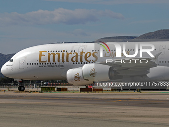 An Airbus A380-861 from Emirates lands at Barcelona airport in Barcelona, Spain, on October 8, 2024. (