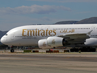 An Airbus A380-861 from Emirates lands at Barcelona airport in Barcelona, Spain, on October 8, 2024. (