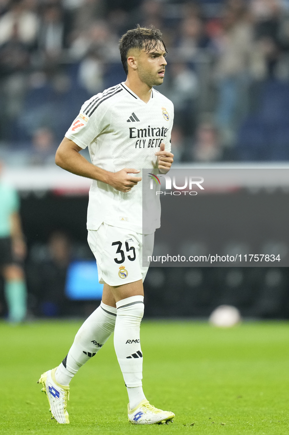 Raul Asencio centre-back of Real Madrid and Spain during the La Liga match between Real Madrid CF and CA Osasuna at Estadio Santiago Bernabe...