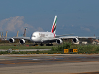 An Airbus A380-861 from Emirates lands at Barcelona airport in Barcelona, Spain, on October 8, 2024. (