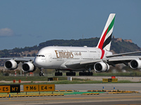 An Airbus A380-861 from Emirates lands at Barcelona airport in Barcelona, Spain, on October 8, 2024. (