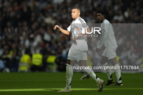 Kylian Mbappe centre-forward of Real Madrid and France in action during the La Liga match between Real Madrid CF and CA Osasuna at Estadio S...