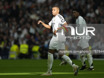 Kylian Mbappe centre-forward of Real Madrid and France in action during the La Liga match between Real Madrid CF and CA Osasuna at Estadio S...