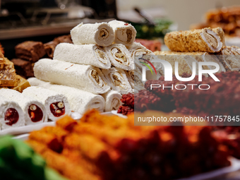 Azeri sweets are seen in an Old Town of Baku, Azerbaijan on November 9, 2024. (