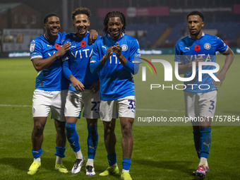 Stockport County F.C. players celebrate at full time during the Sky Bet League 1 match between Stockport County and Bolton Wanderers at the...